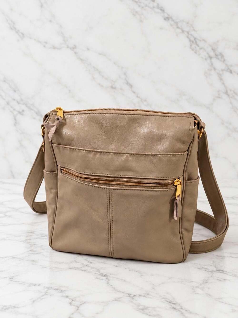 Vintage SAS Taupe Leather Crossbody Organizer Bag Multi-Pocket Made in USA